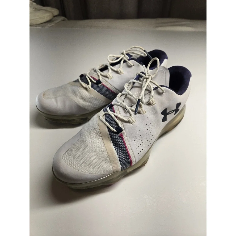 Under Armour Spieth 3 Golf Shoes Mens 10 White Navy Spiked Athletic 3022360-104